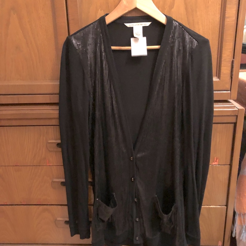 DVF Cardigan Diane von Furstenberg Sequined Black Soft Lightweight sz M